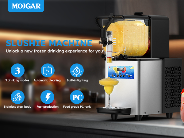 Mojgar Pro 3L Slush Machine with 3 drink modes, automatic cleaning, built-in lighting, stainless steel body, and a food-grade PC tank. Fast production ensures quick and delicious frozen drinks for home, parties, bars, and cafés.